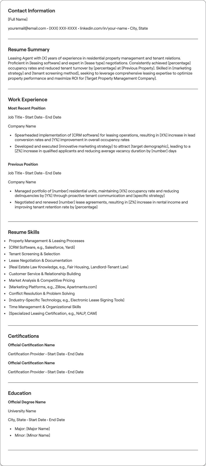 Leasing Agent resume example