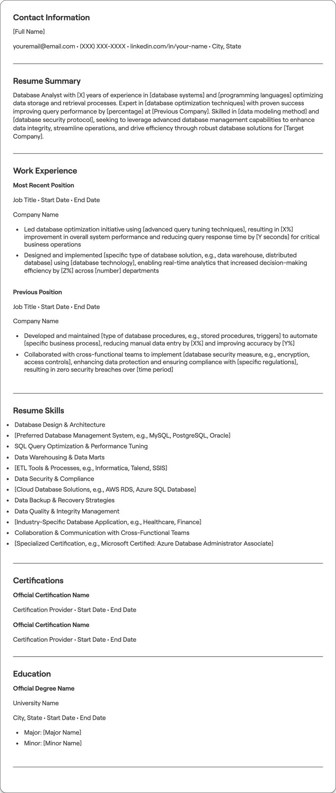 Database Analyst resume example