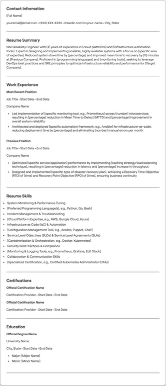 Site Reliability Engineer resume example