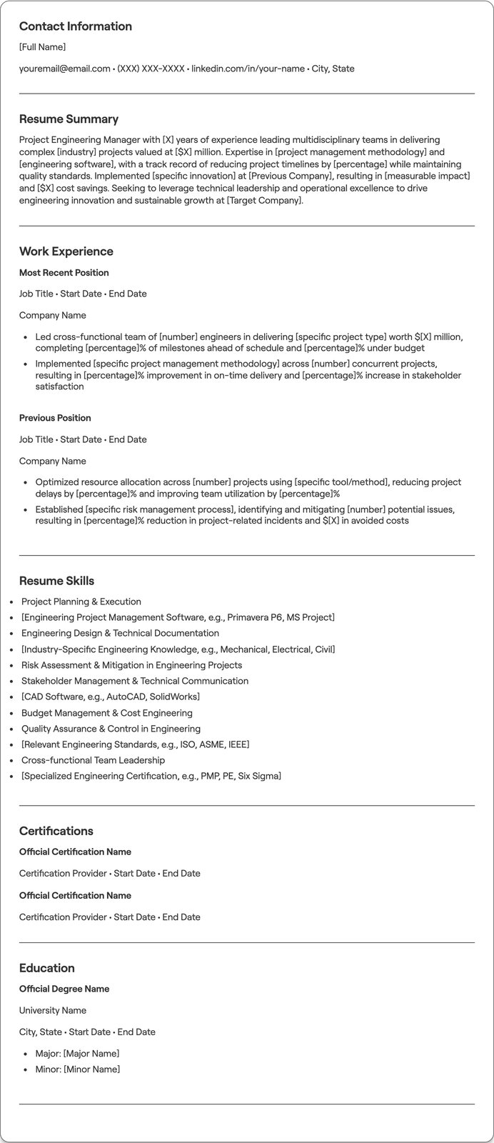 Project Engineering Manager resume example