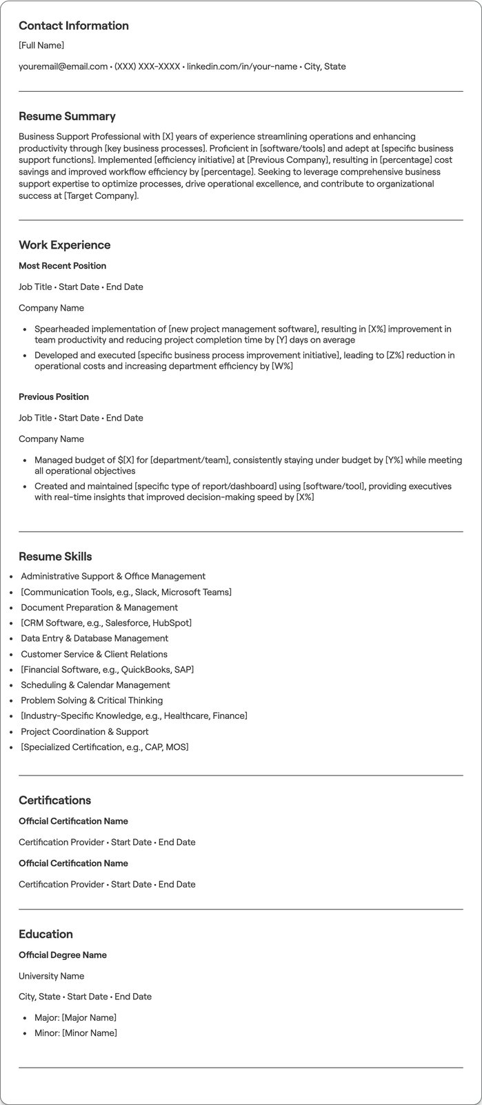 Business Support resume example