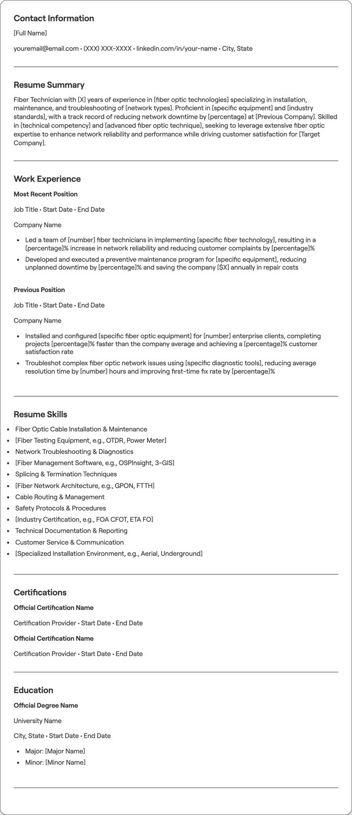 Fiber Technician resume example