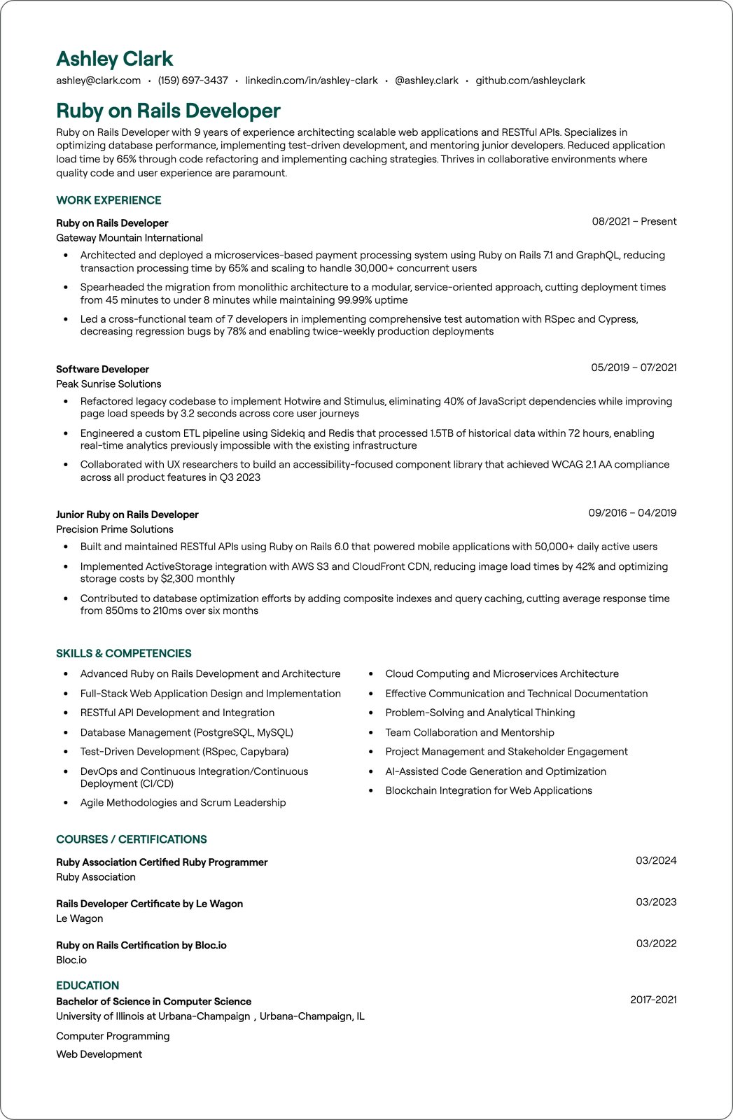 Ruby on Rails Developer resume example