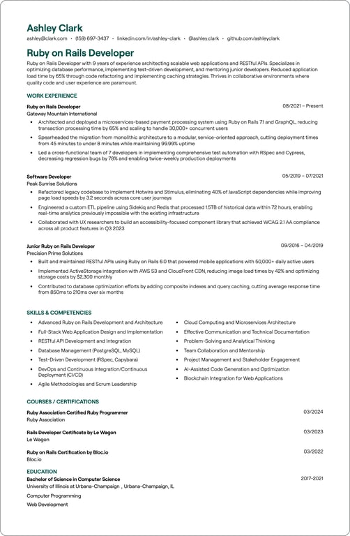 Ruby on Rails Developer resume preview