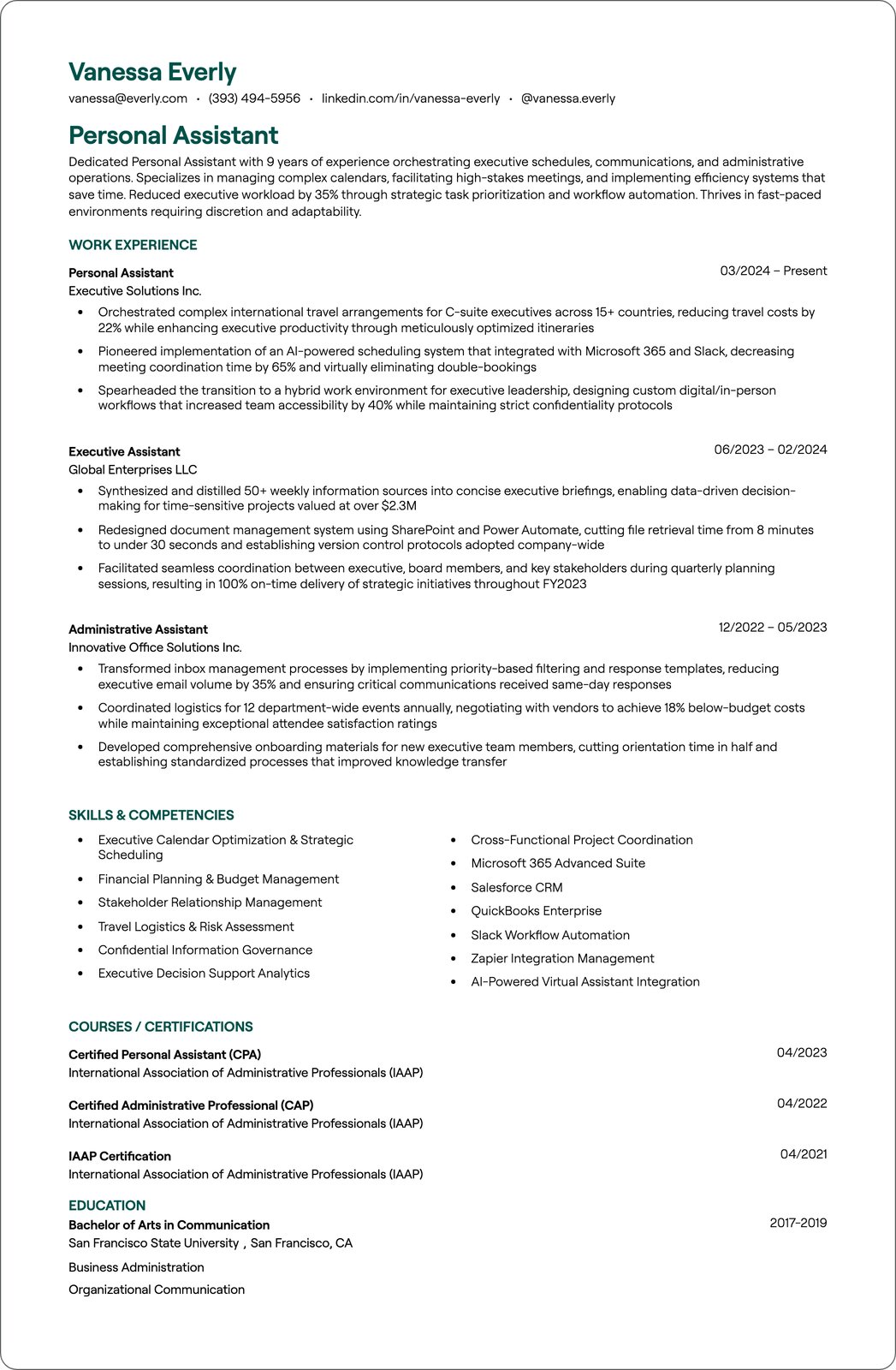 Senior Personal Assistant resume example