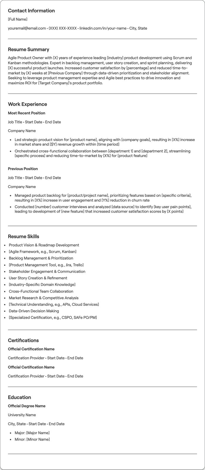 Agile Product Owner resume example