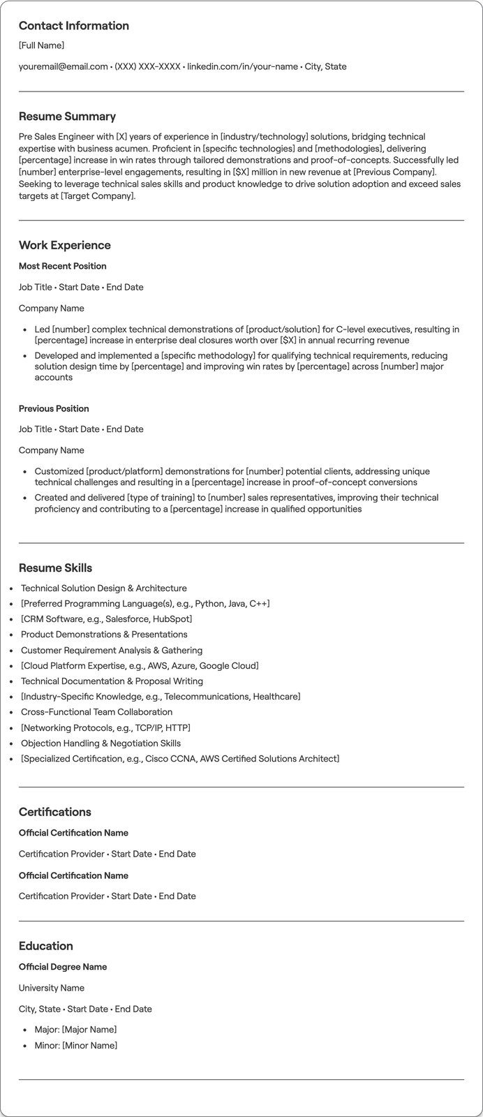 Pre Sales Engineer resume example