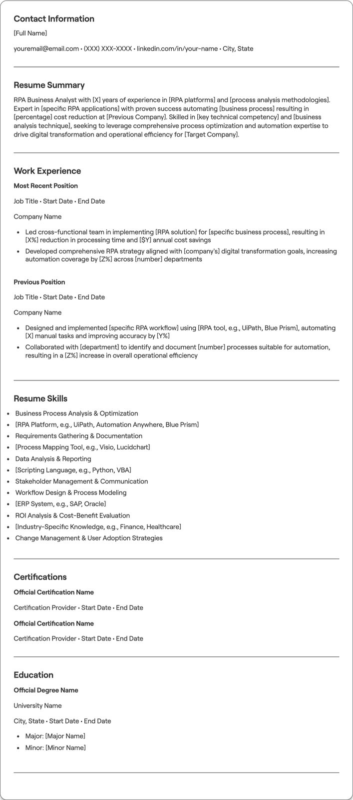RPA Business Analyst resume example