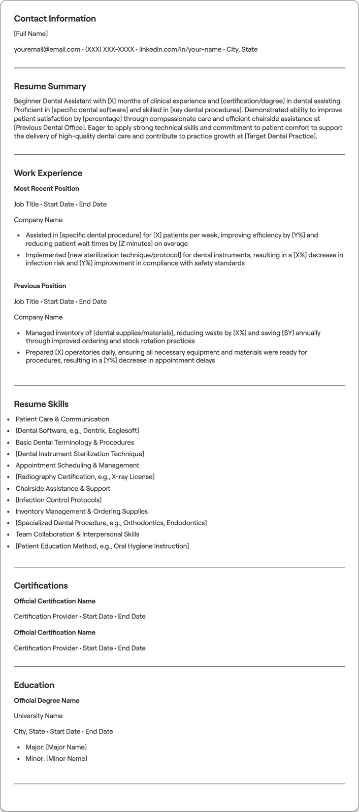 Beginner Dental Assistant resume example