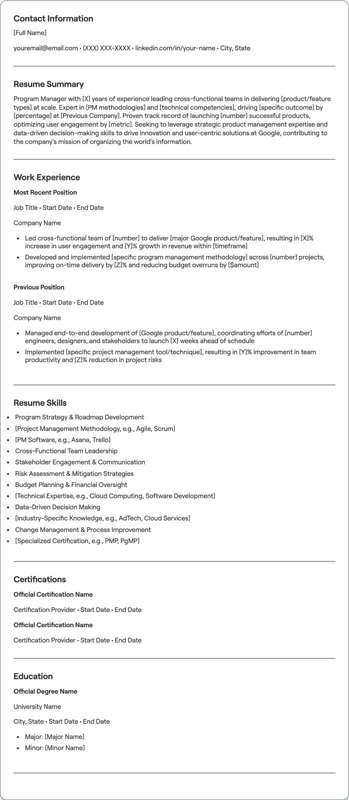 Google Program Manager resume example