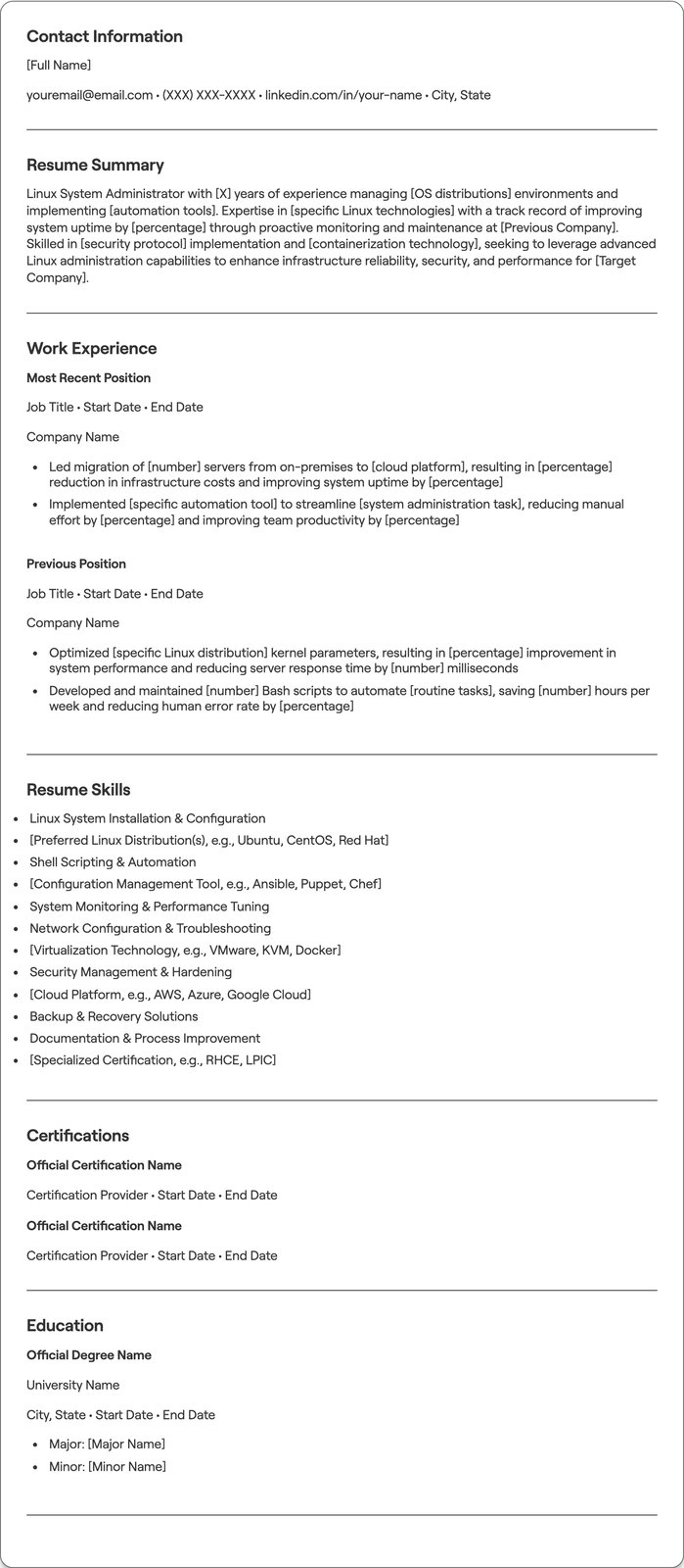 Linux System Administrator resume example