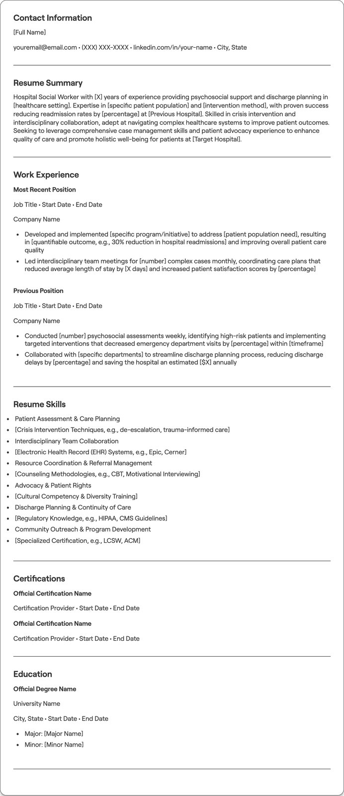 Hospital Social Worker resume example