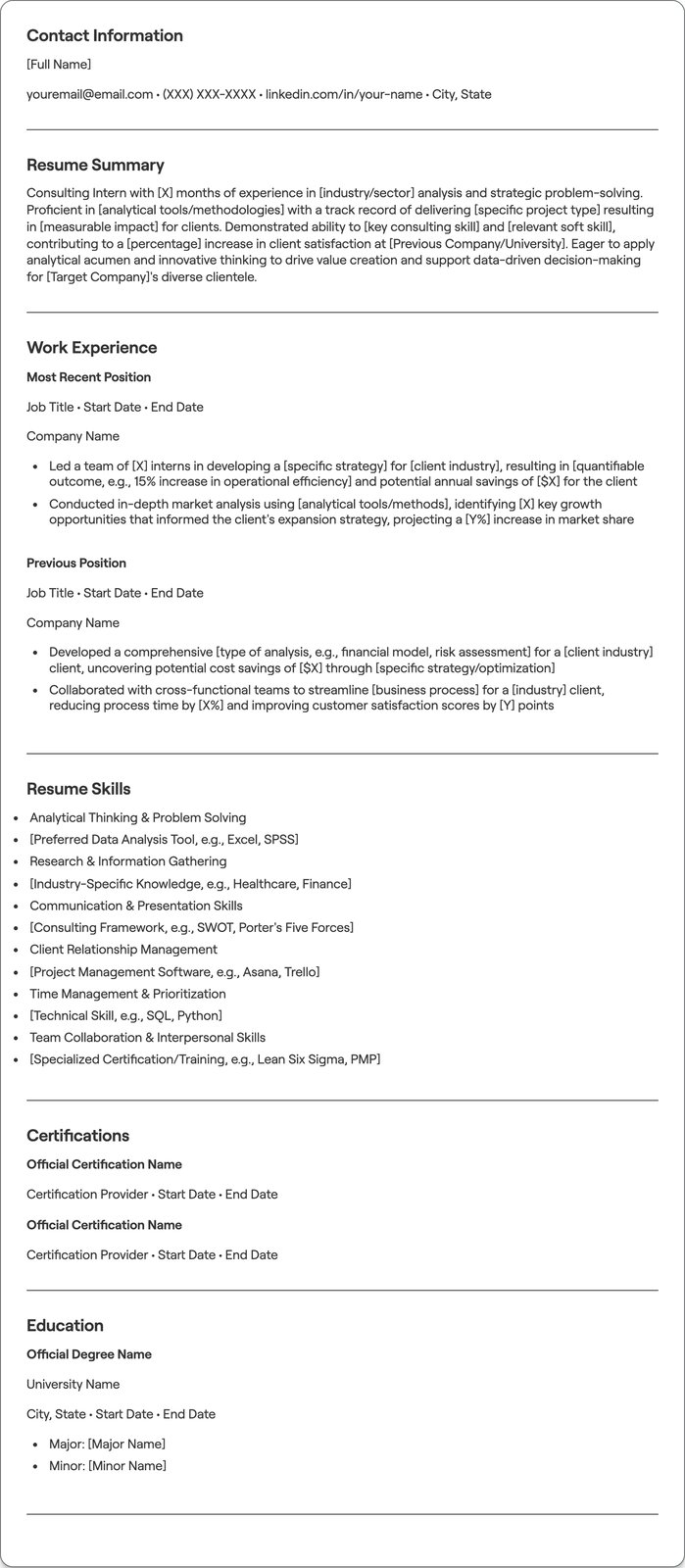 Consulting Intern resume example
