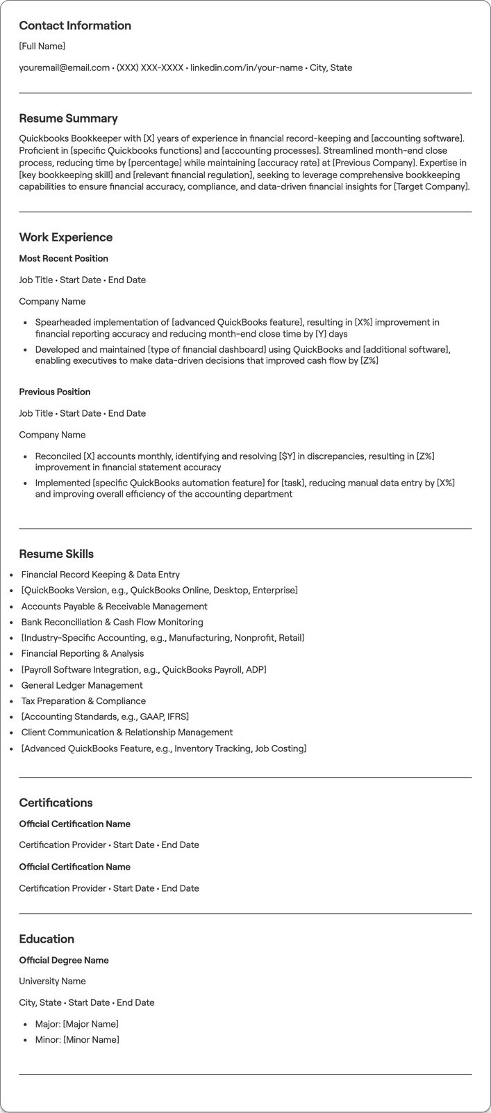 Quickbooks Bookkeeper resume example