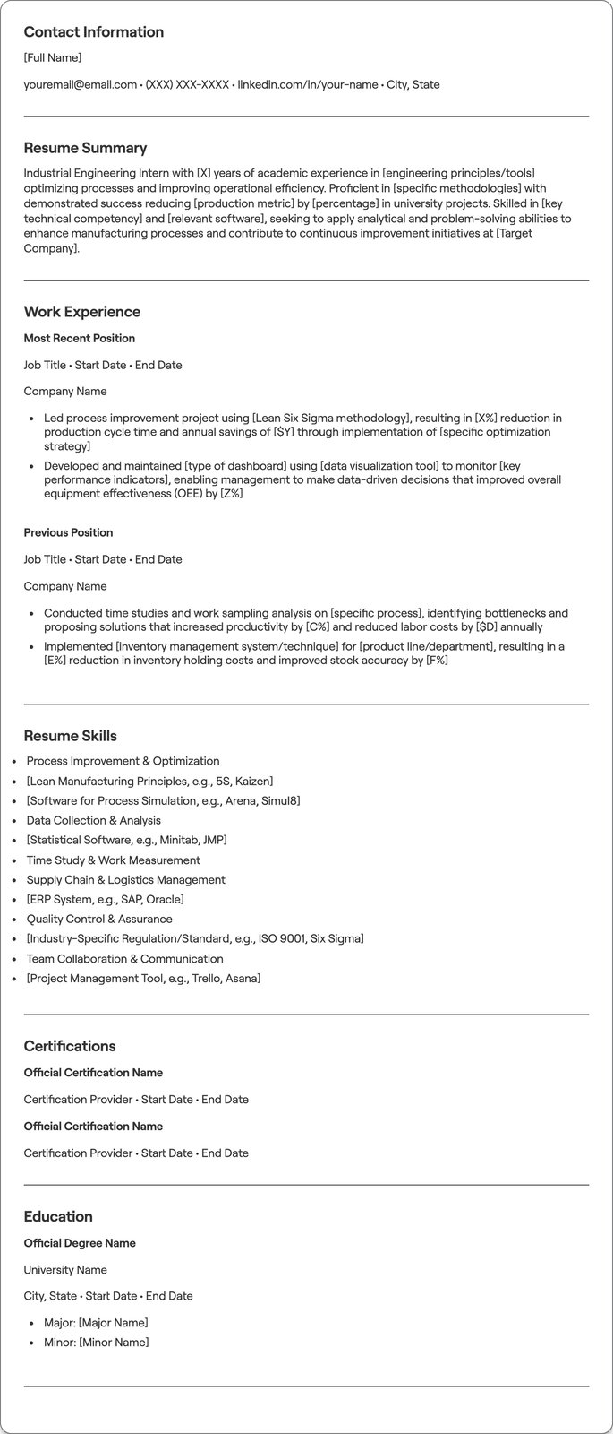 Industrial Engineer Intern resume example