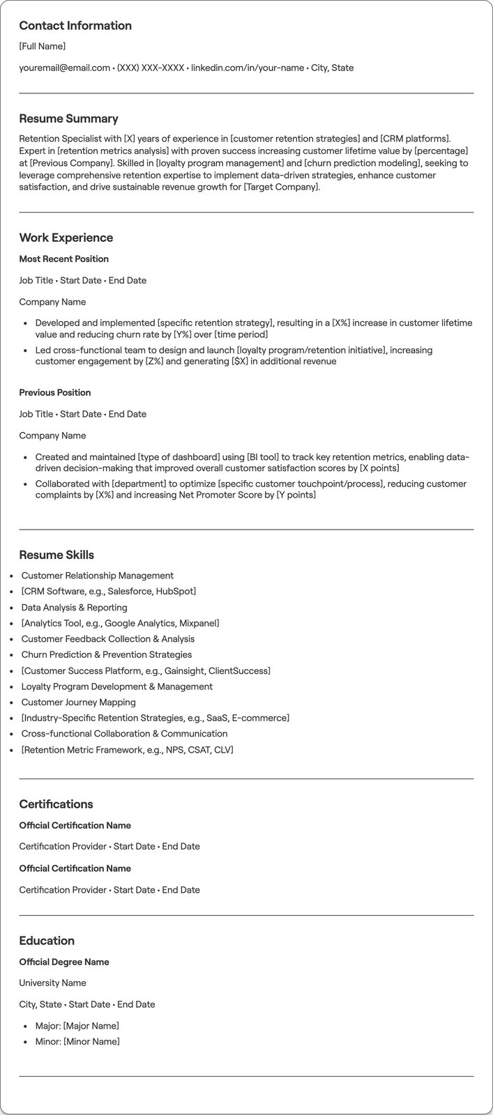 Retention Specialist resume example