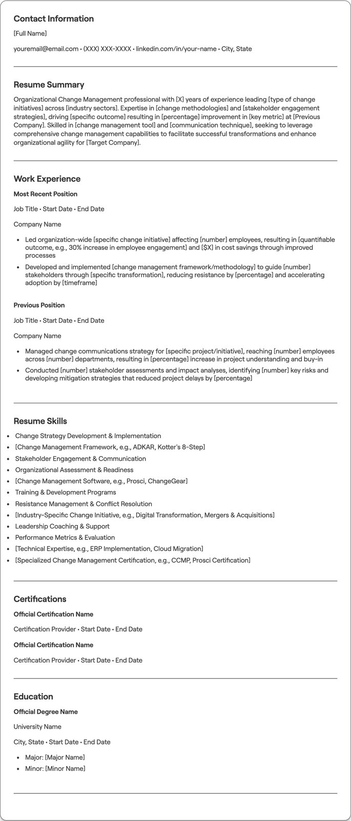 Organizational Change Management resume example