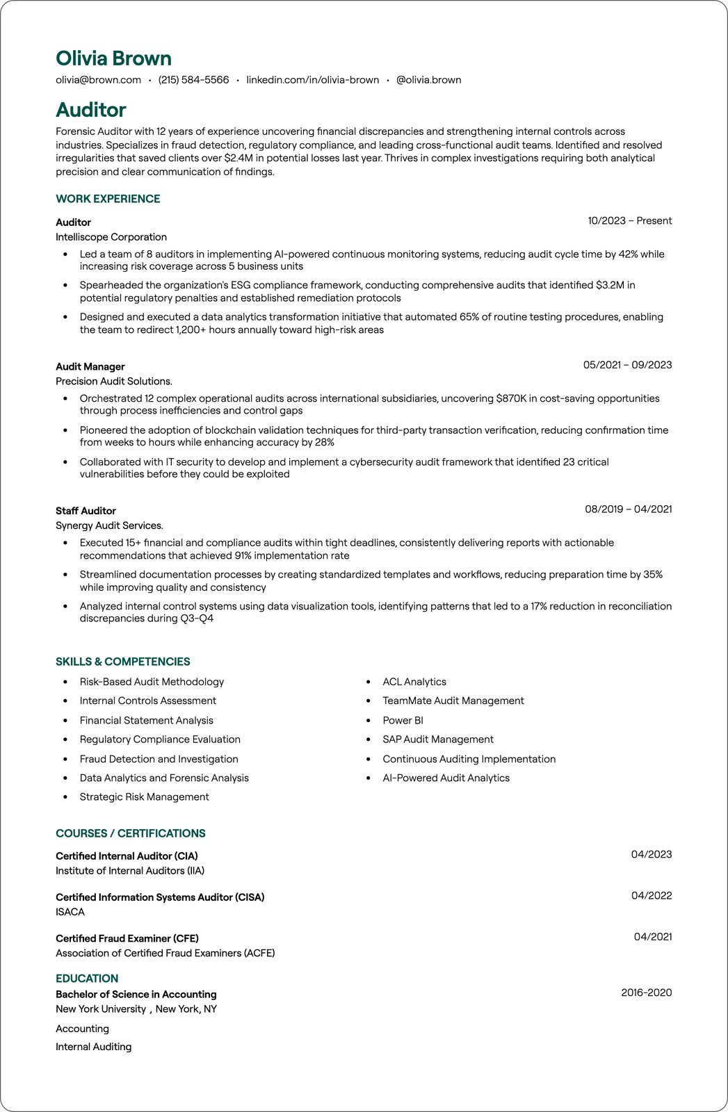 Associate Auditor resume example