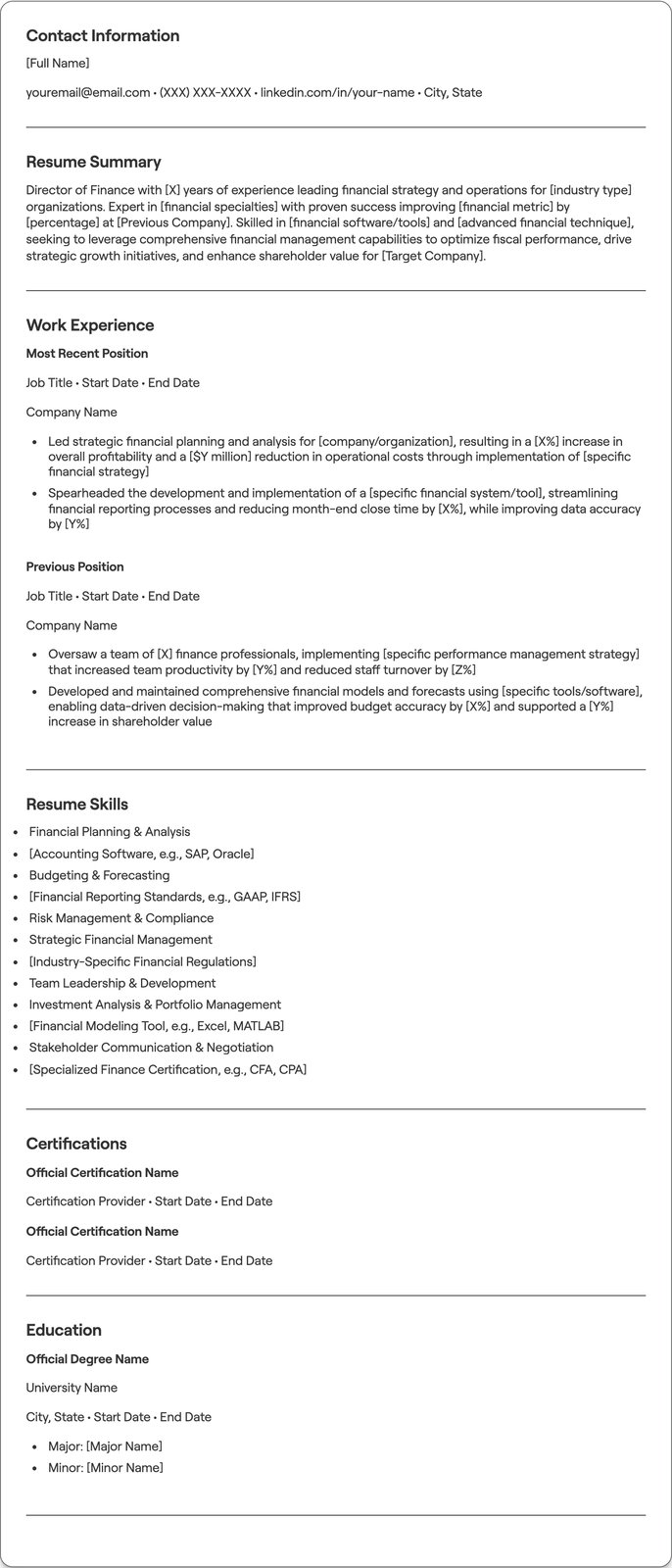 Director of Finance resume example