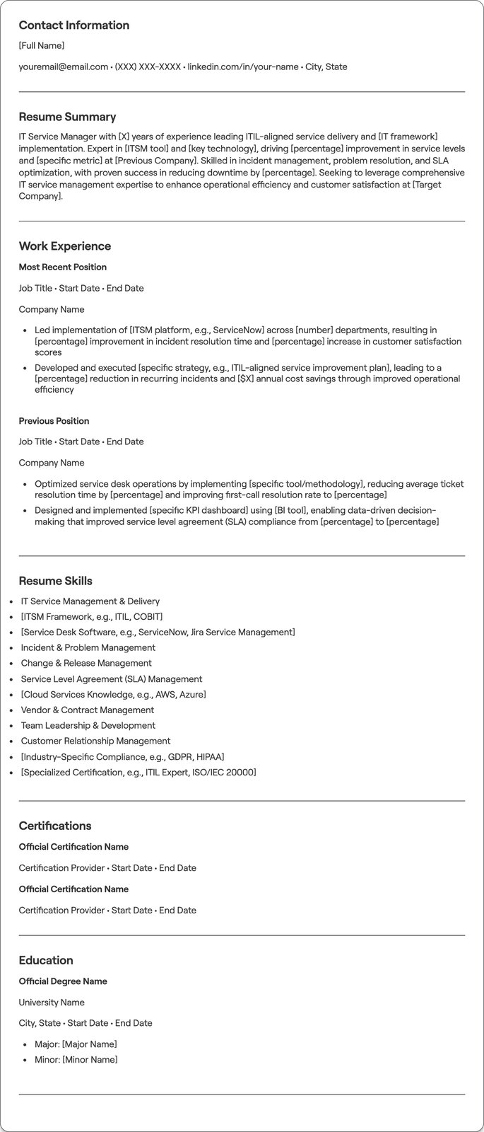 IT Service Manager resume example