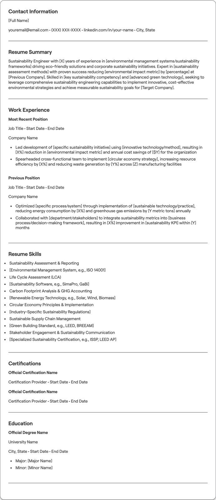 Sustainability Engineer resume example