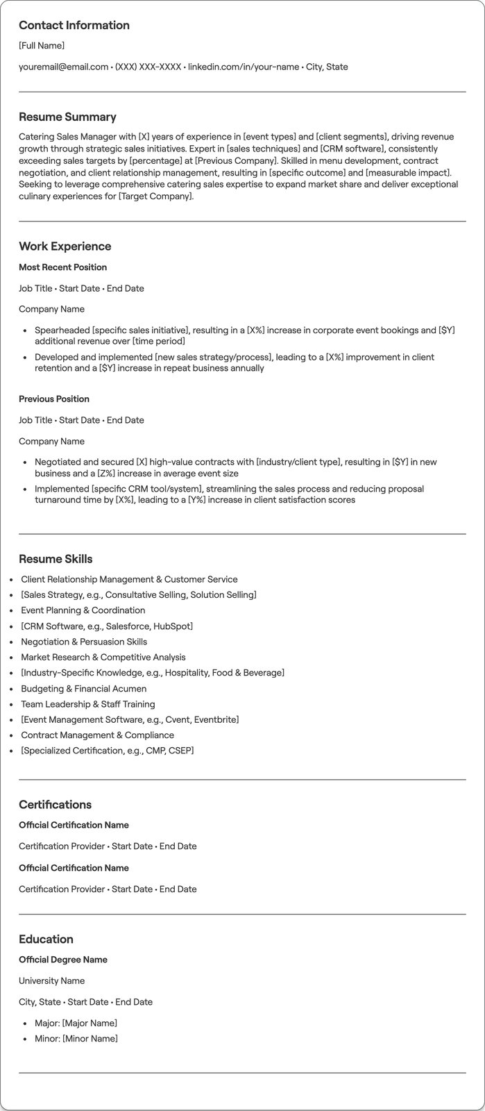 Catering Sales Manager resume example