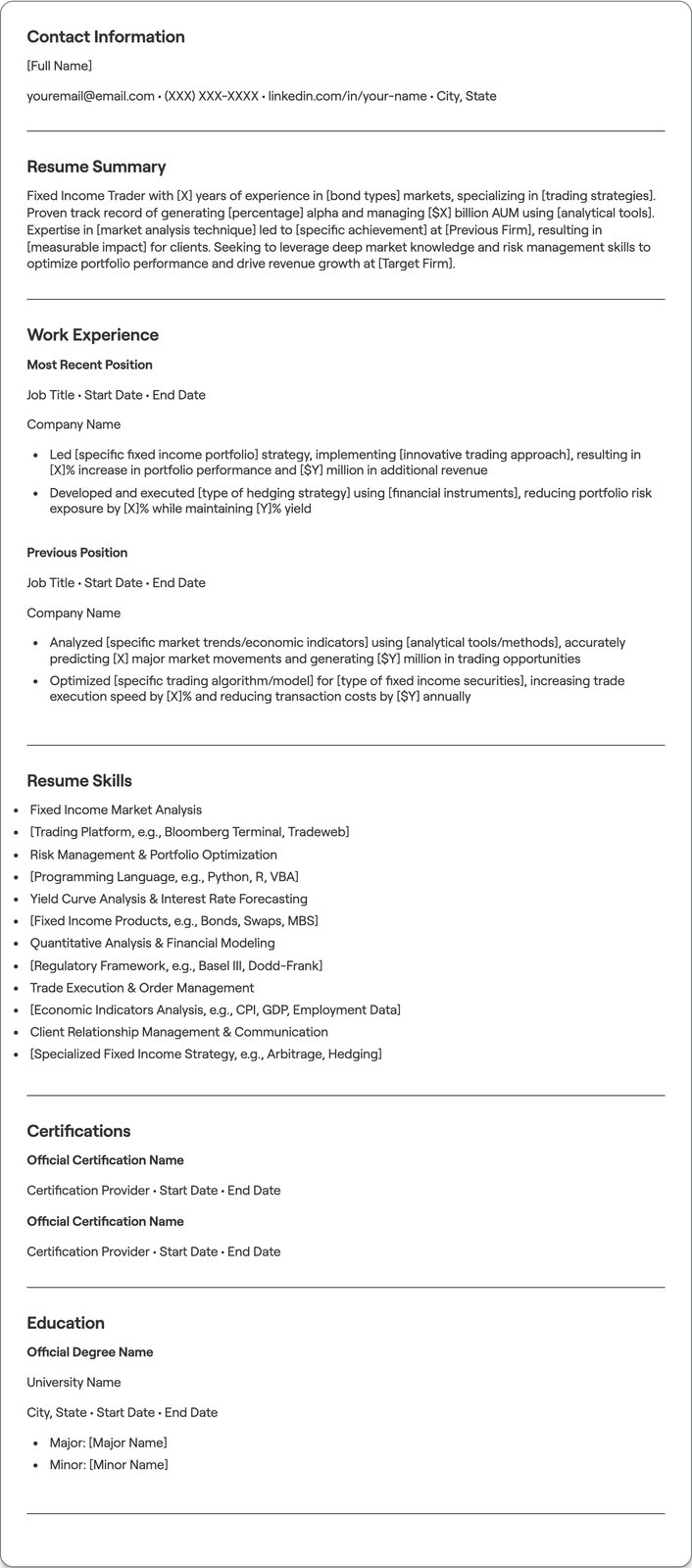 Fixed Income Trader resume example