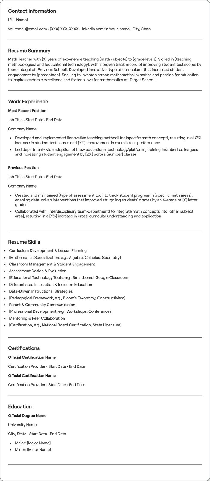 Math Teacher resume example