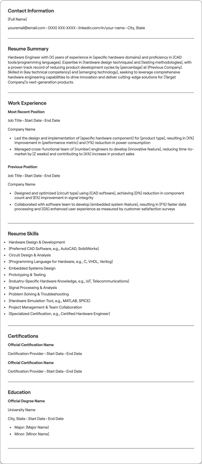 Hardware Engineer resume example