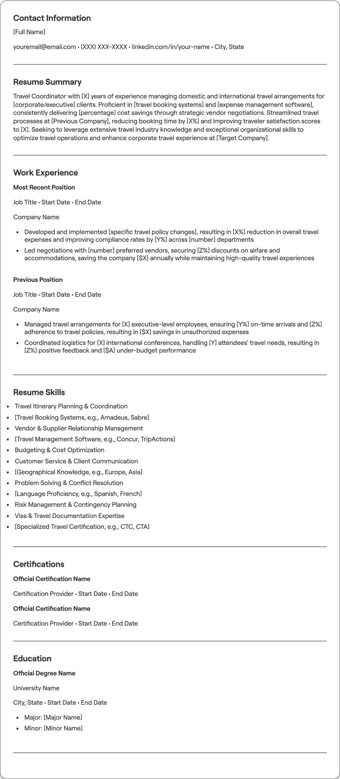 Travel Coordinator resume example