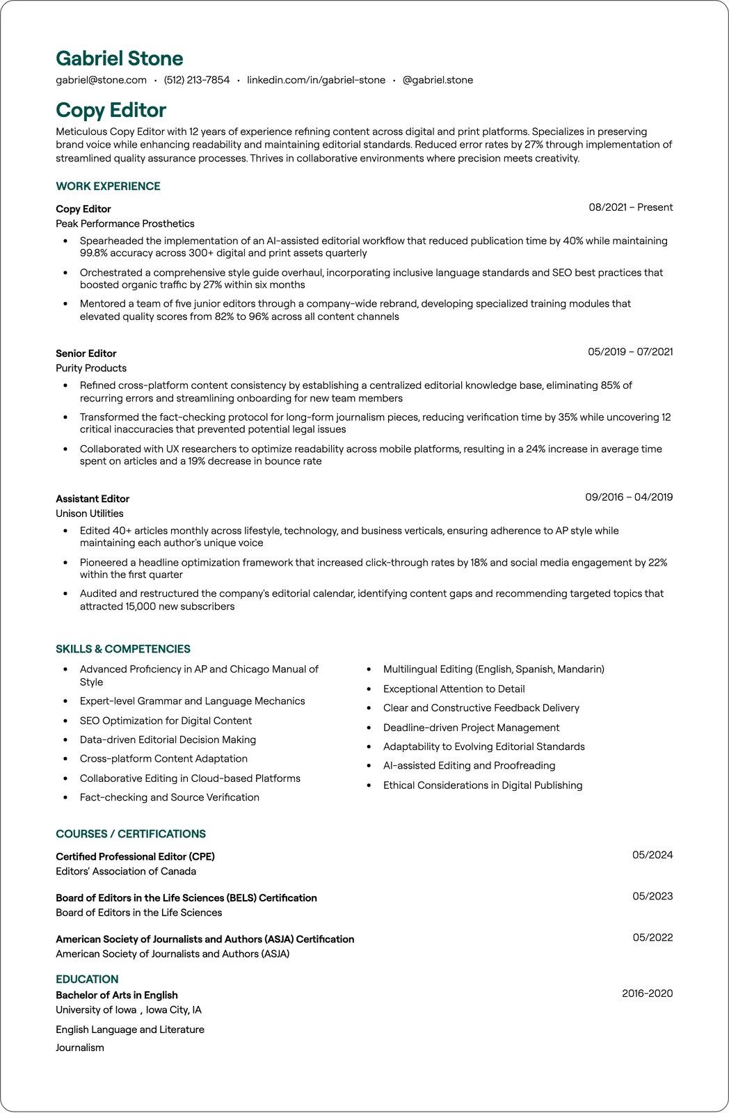 Senior Copy Editor resume example