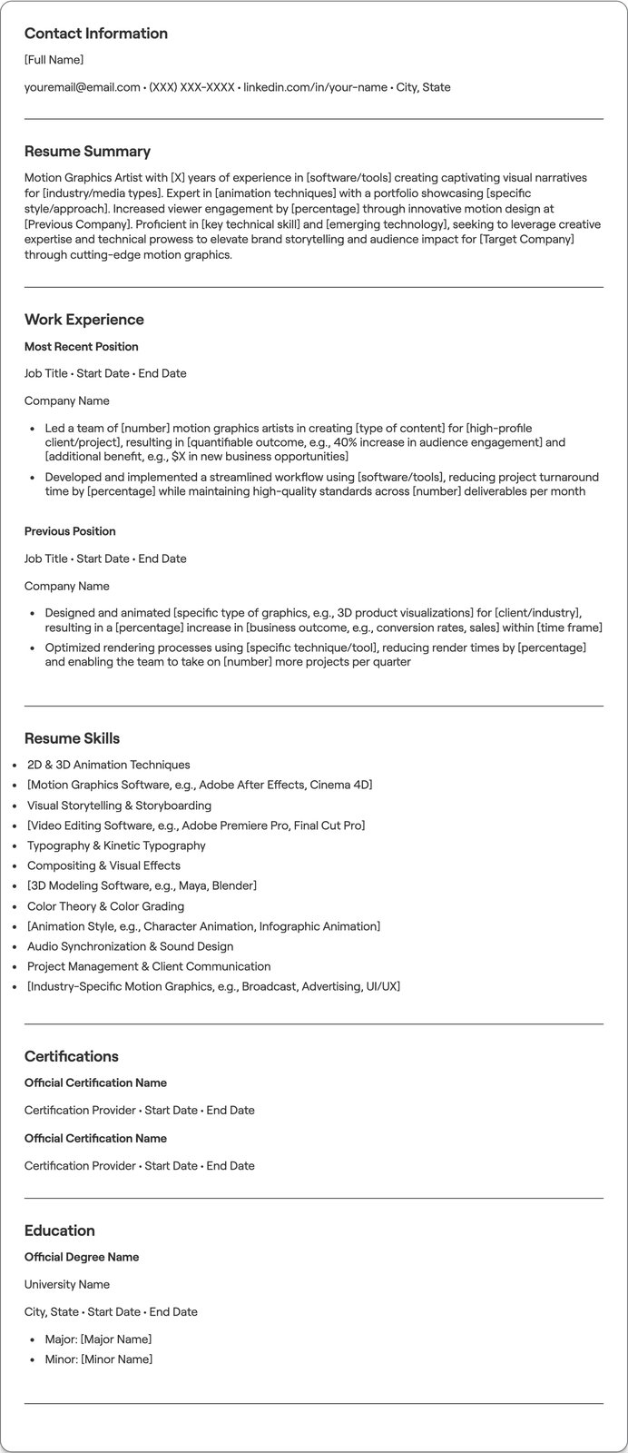 Motion Graphics Artist resume example