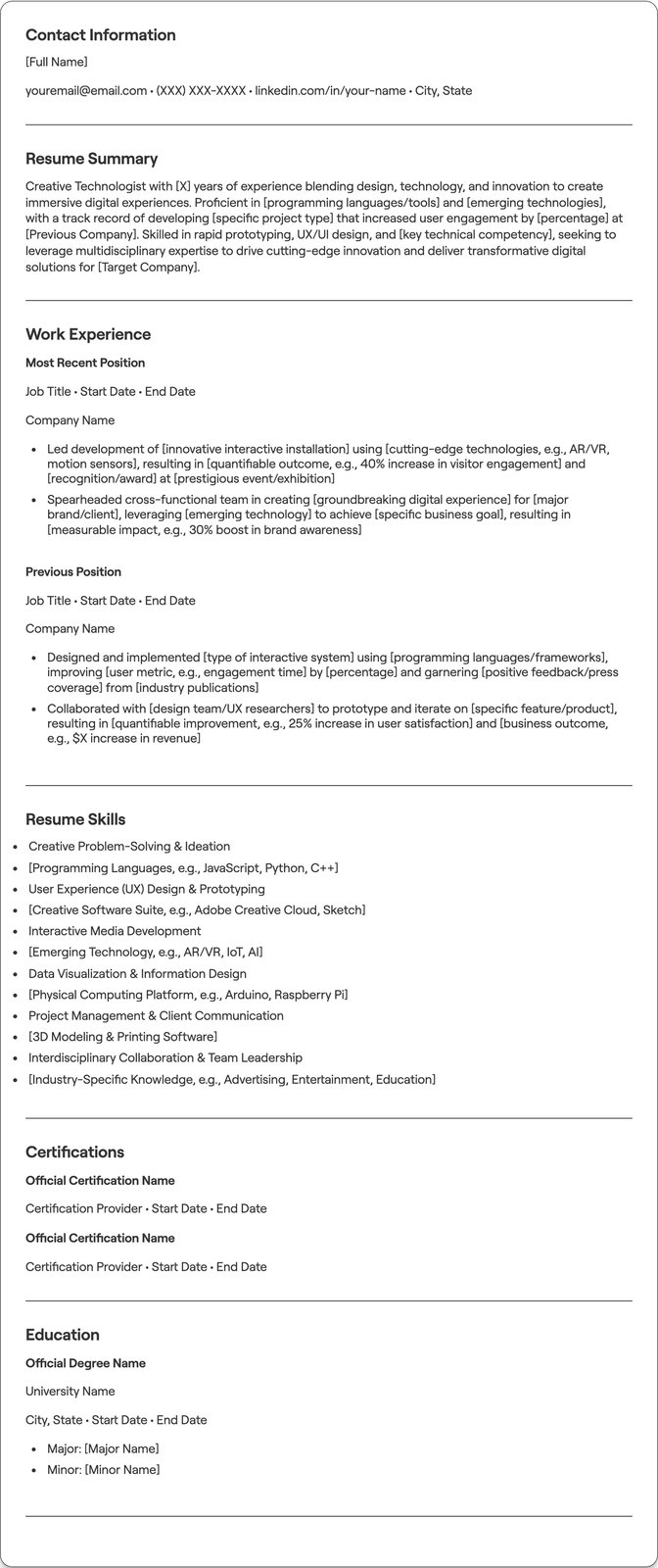 Creative Technologist resume example