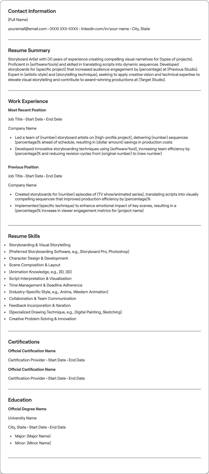 Storyboard Artist resume example