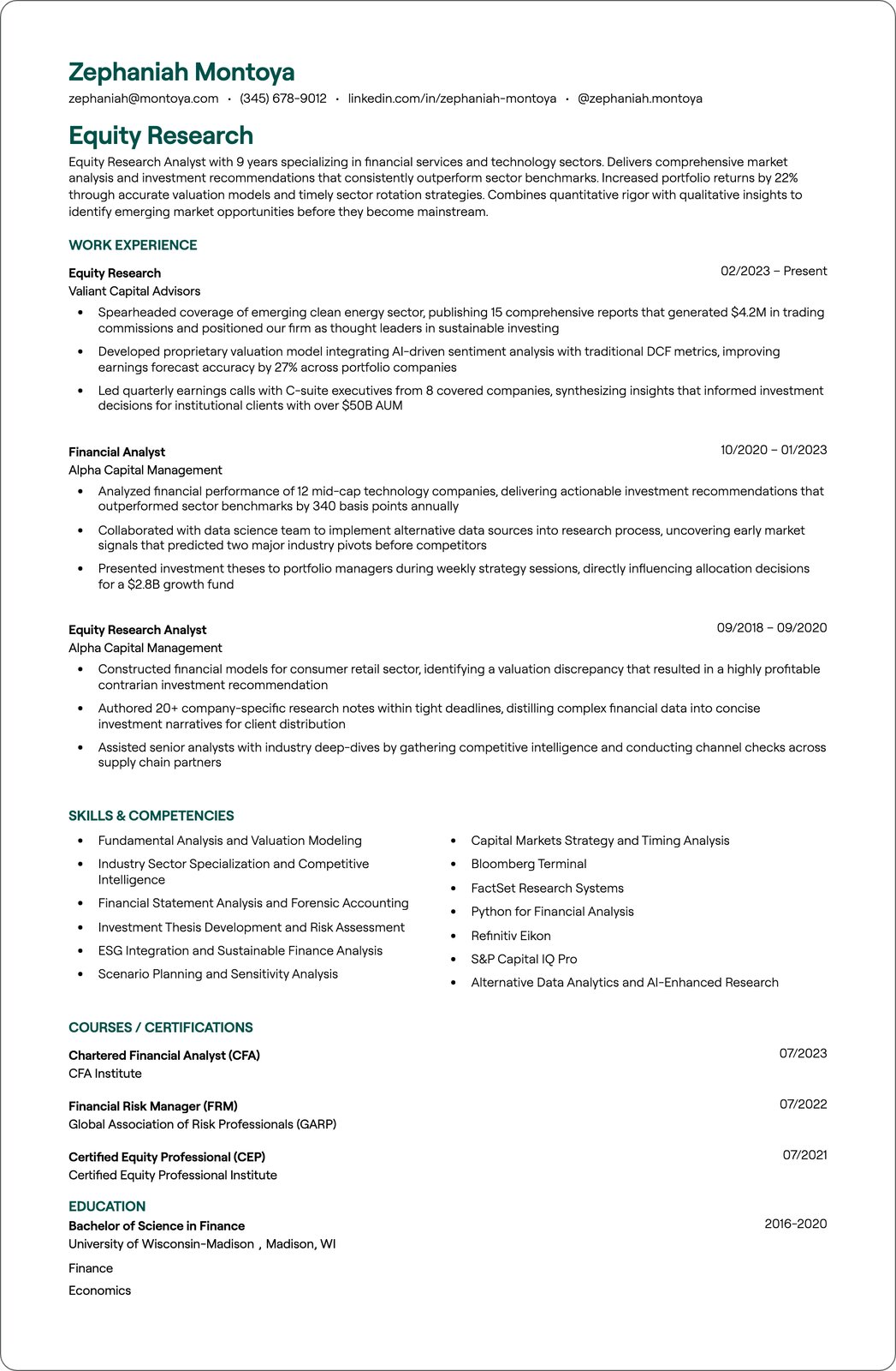 Equity Research Analyst resume example