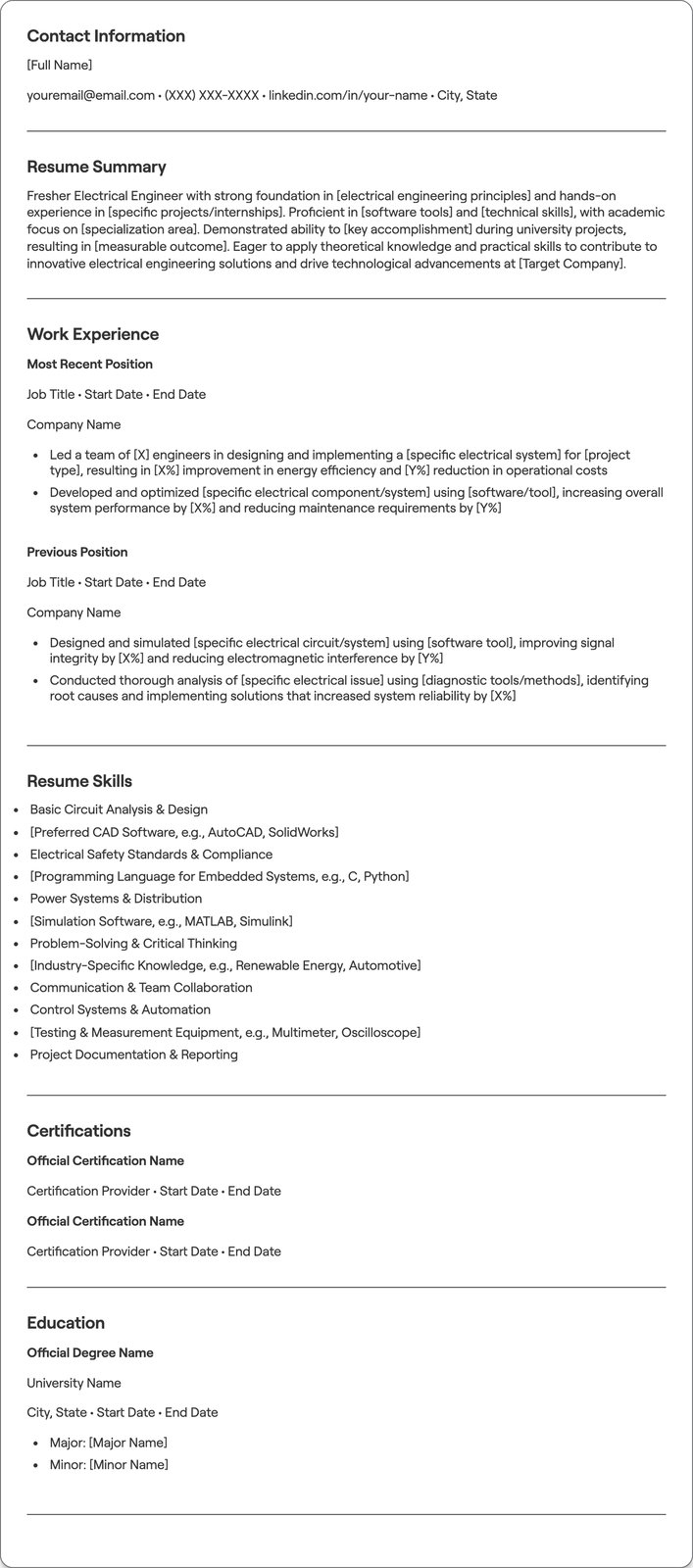 Fresher Electrical Engineer resume example