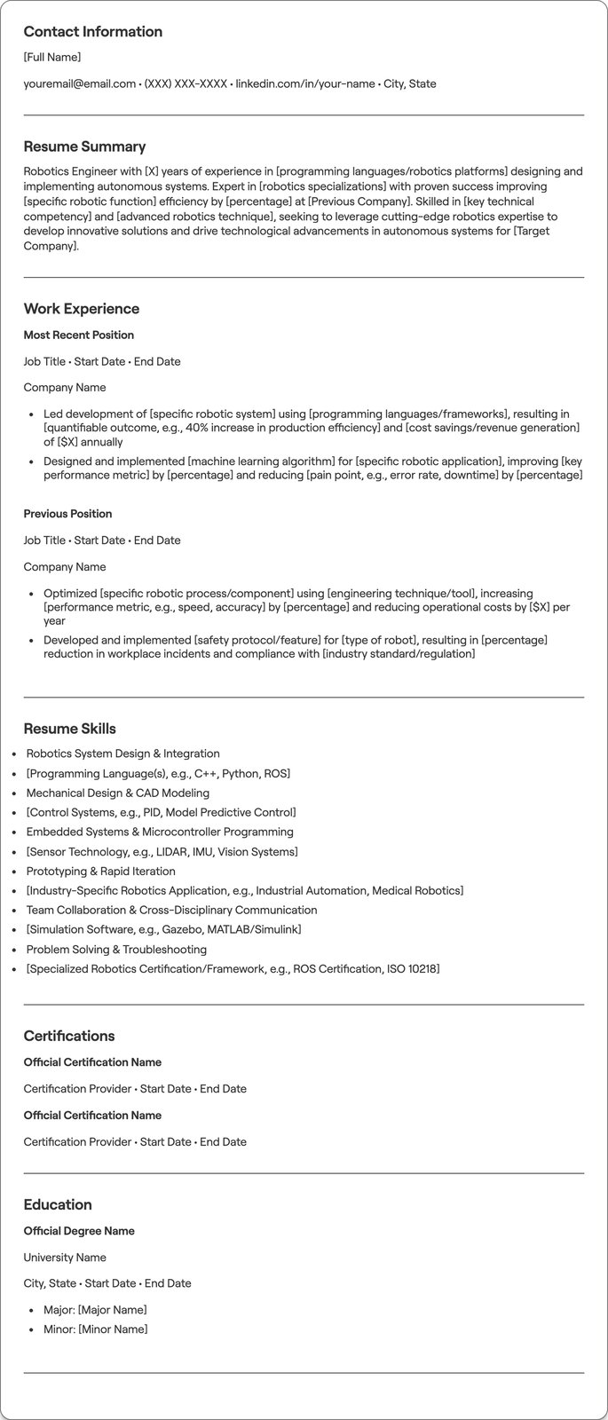 Robotics Engineer resume example