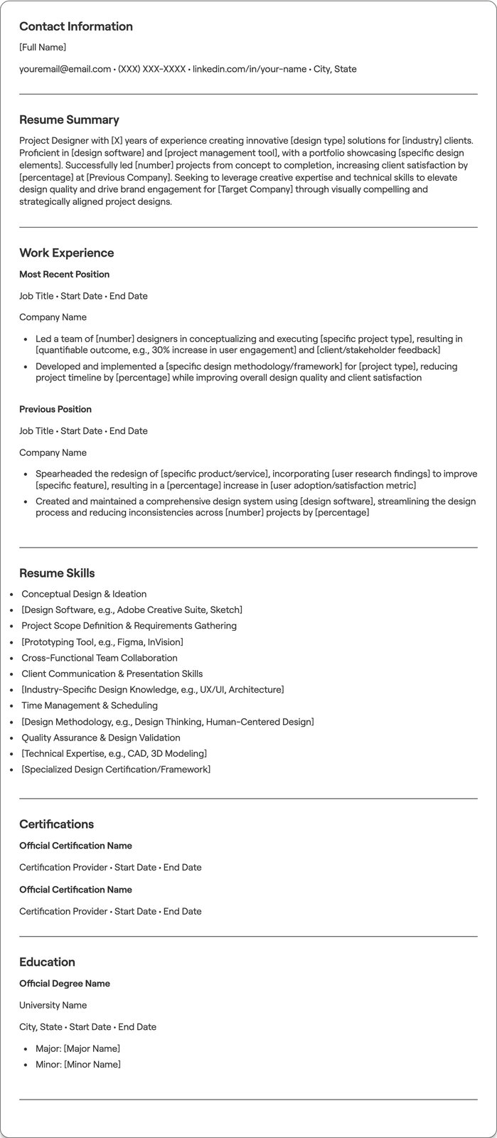 Project Designer resume example