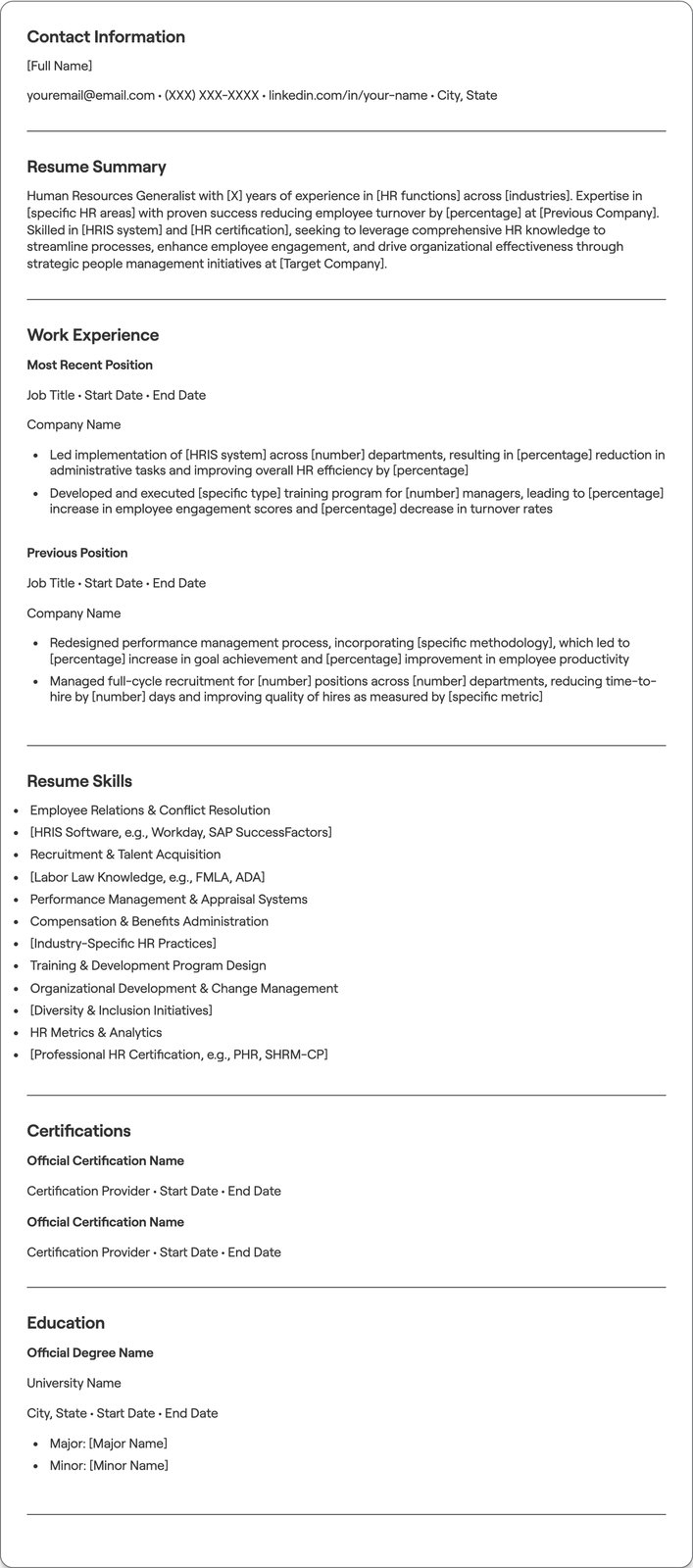 Human Resources Generalist resume example
