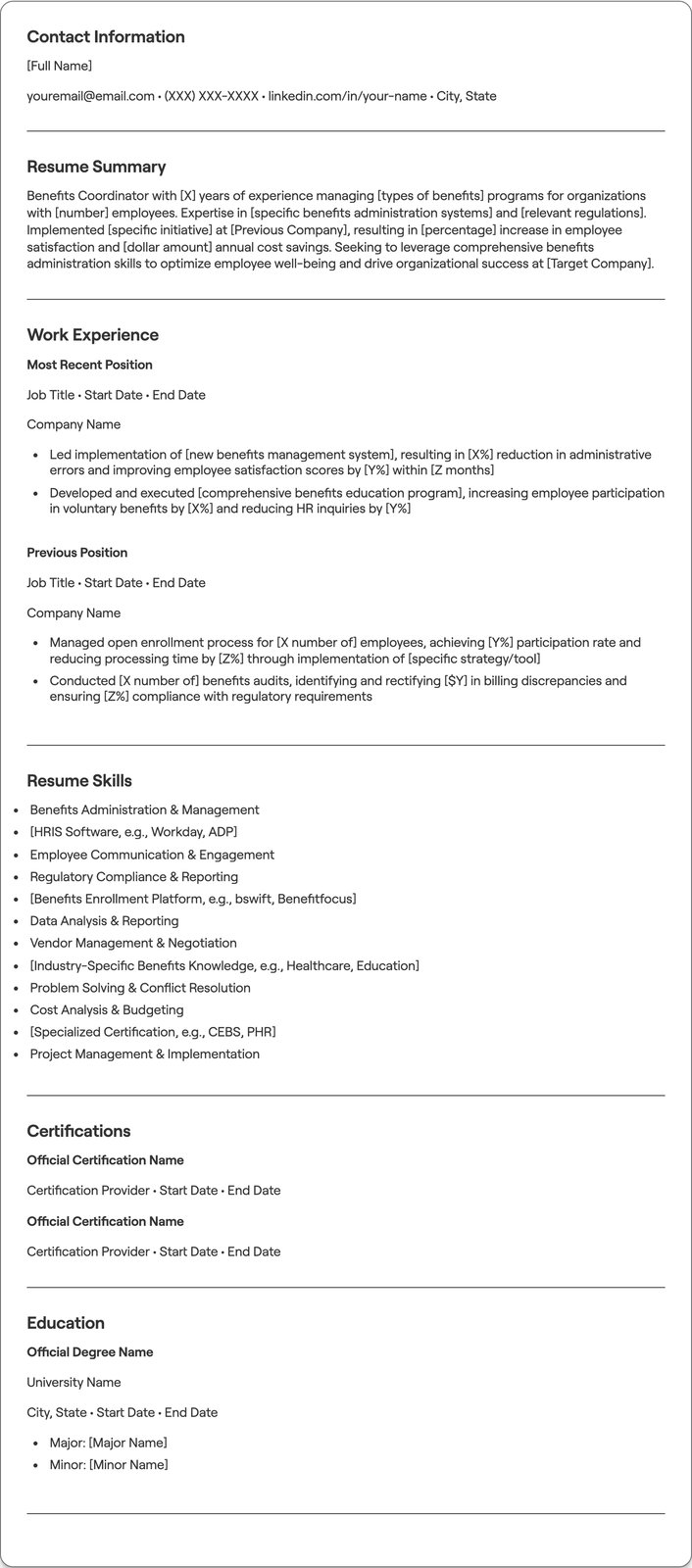 Benefits Coordinator resume example