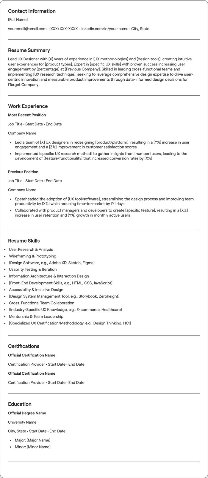 Lead UX Designer resume example