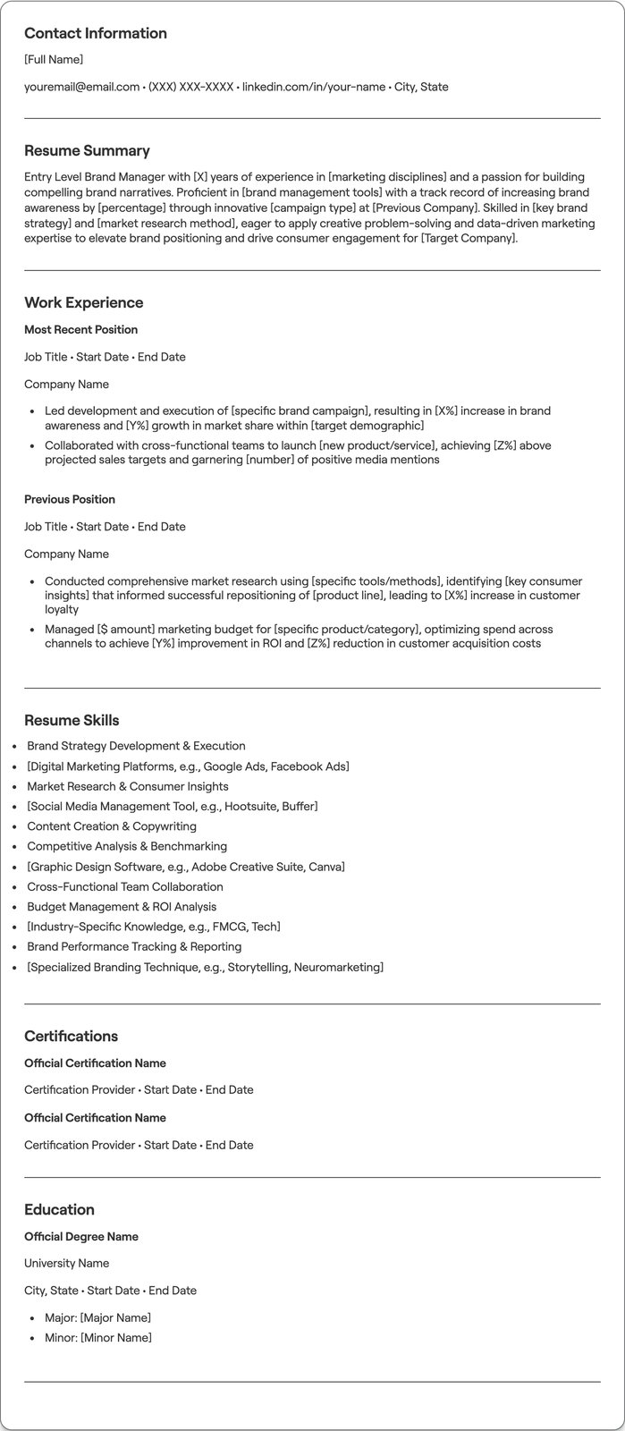 Entry Level Brand Manager resume example