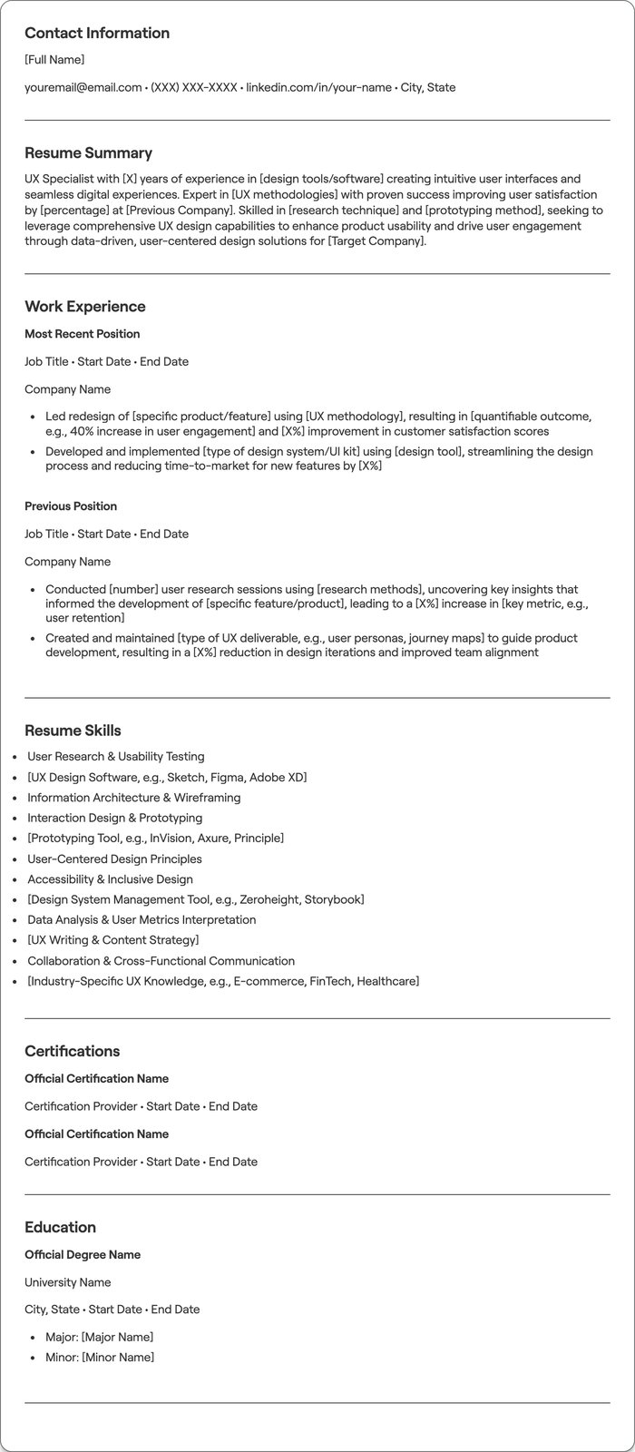 UX Specialist resume example