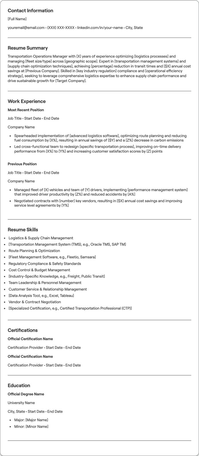 Transportation Operations Manager resume example