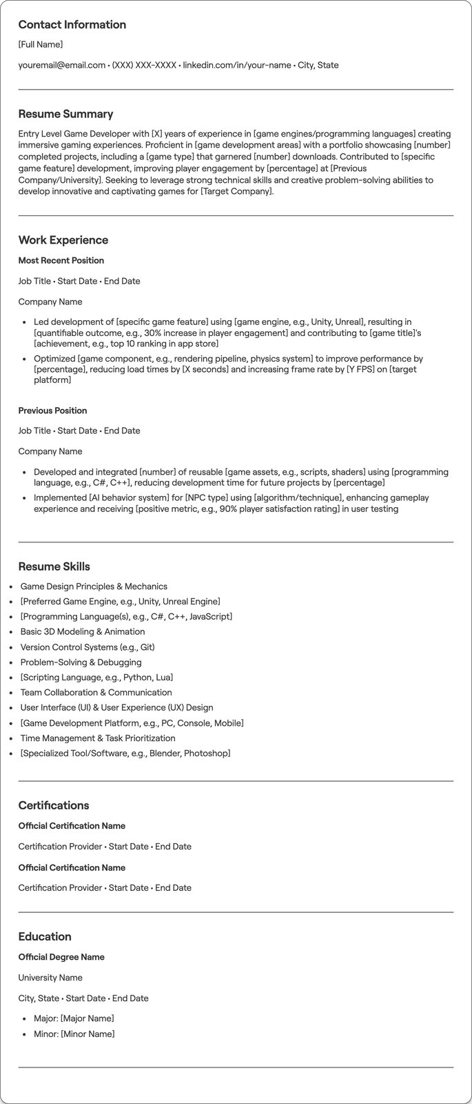 Entry Level Game Developer resume example