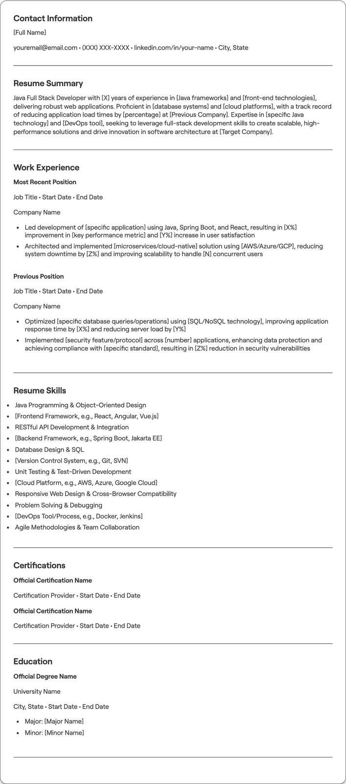 Java Full Stack Developer resume example