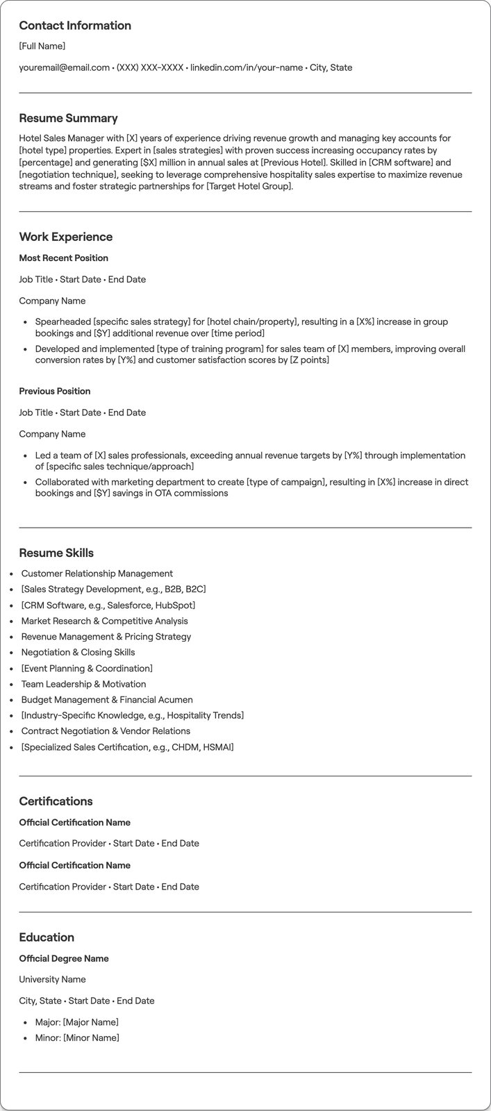 Hotel Sales Manager resume example