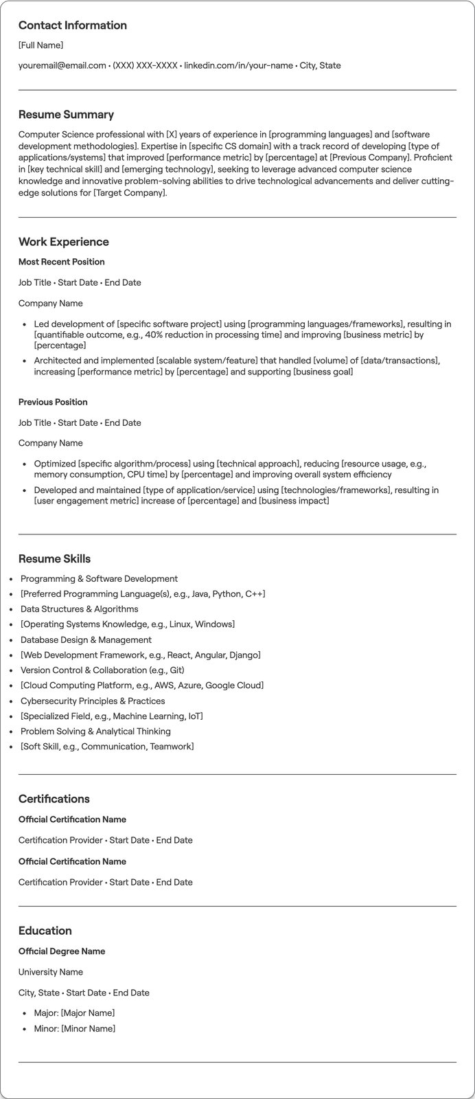 Computer Science resume example