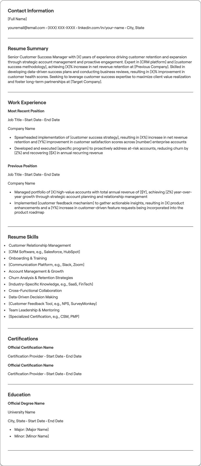 Senior Customer Success Manager resume example