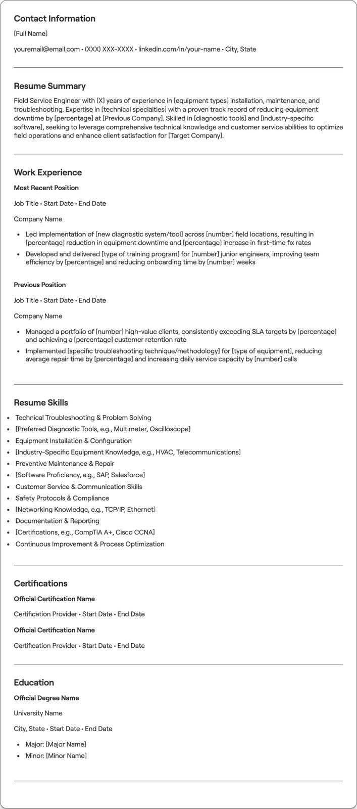 Field Service Engineer resume example